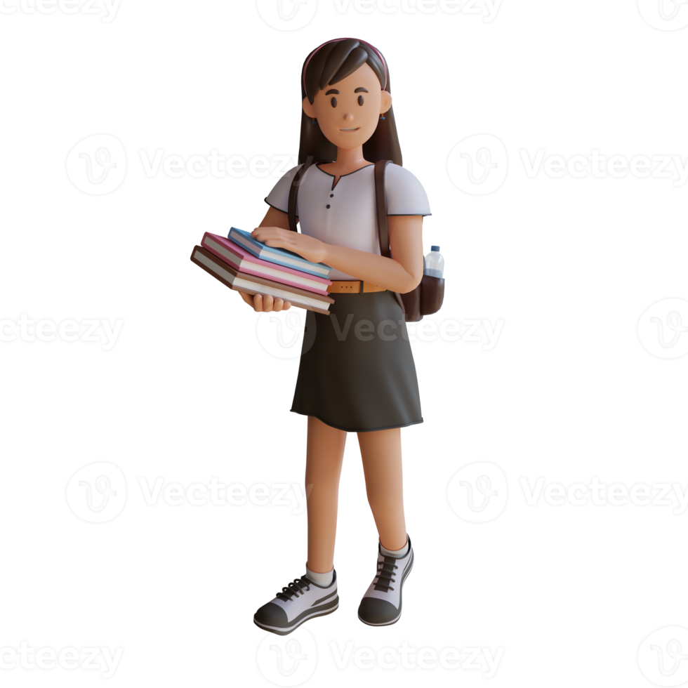 girl holding books while standing 3d character illustration png