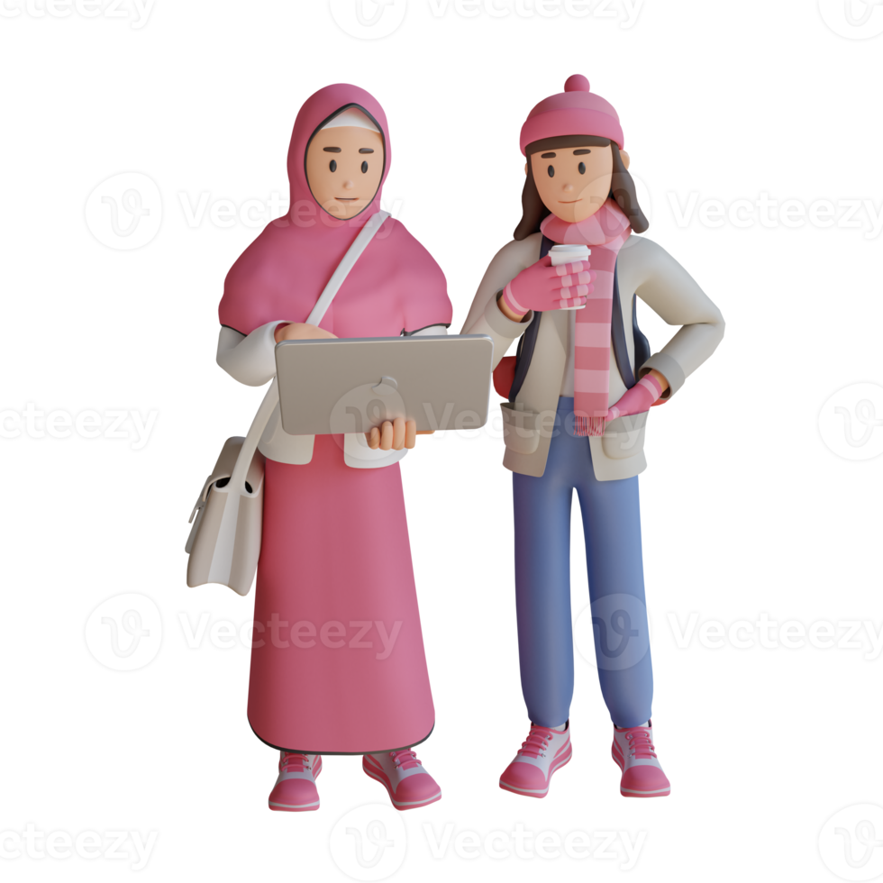 two young girl standing while holding laptop 3d character illustration png