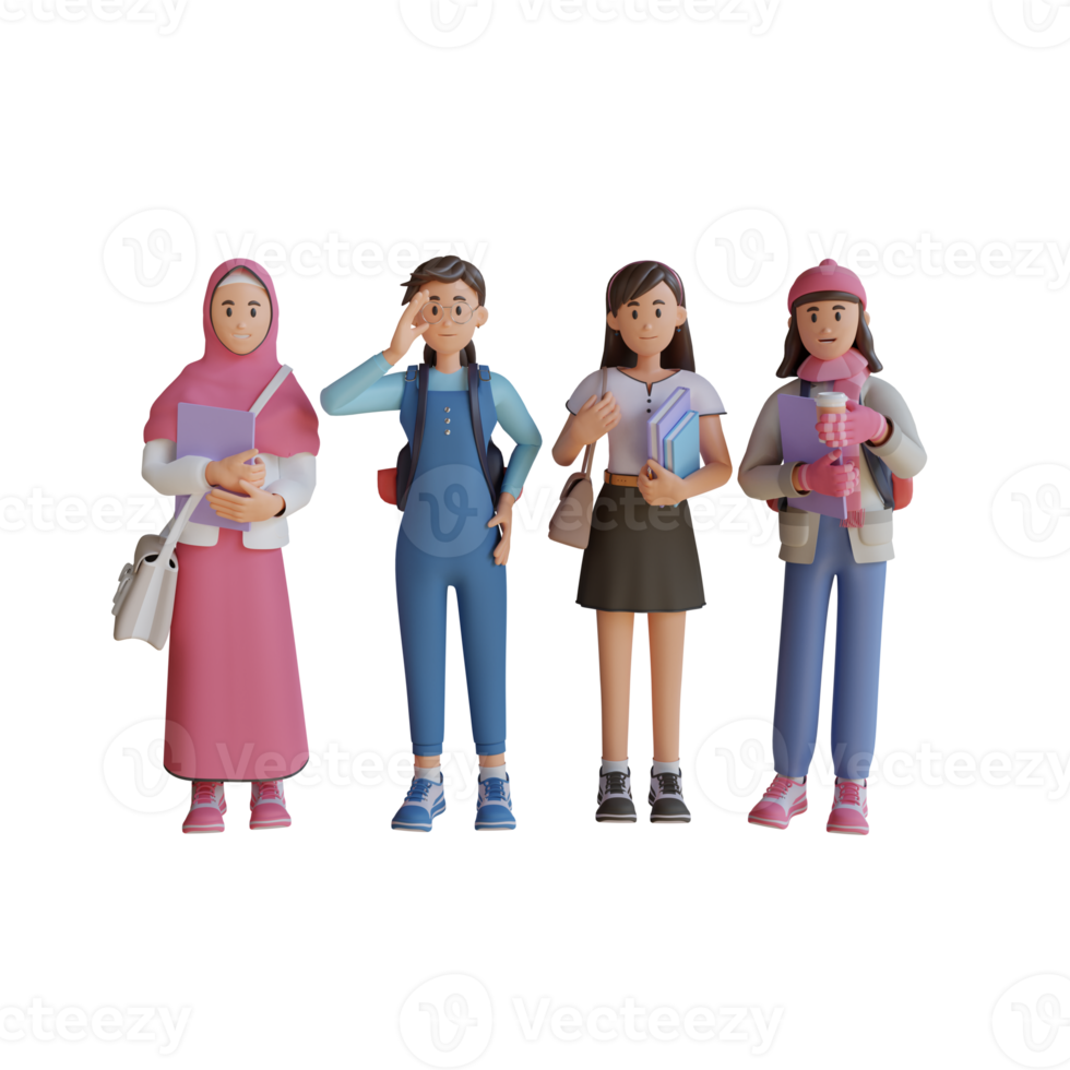 chicas de regreso a la escuela ilustración de personajes 3d png