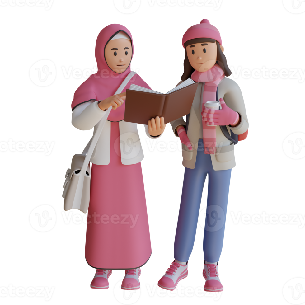 girl and muslim woman read a book together 3d character illustration png