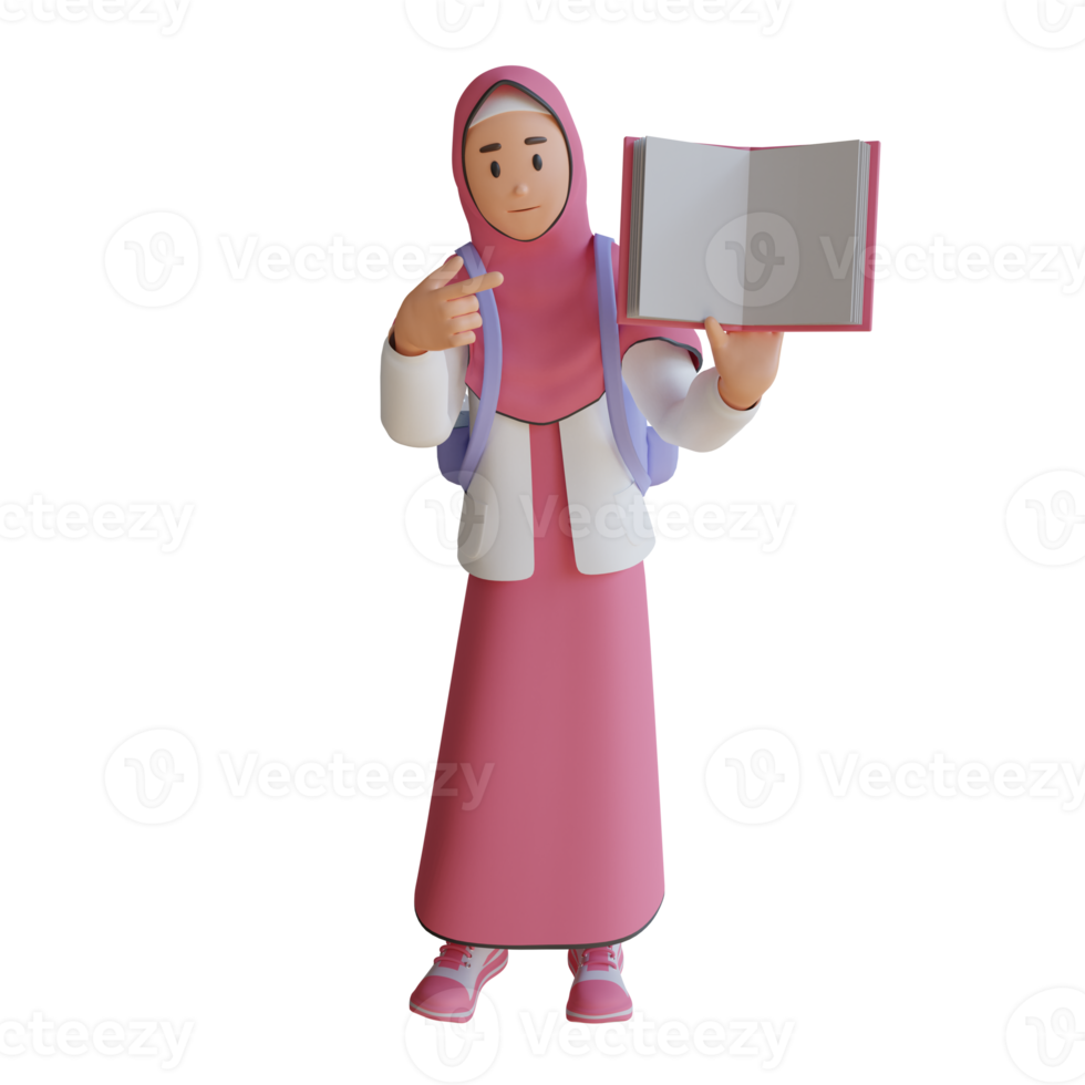 young muslim woman holding a book 3d character illustration png