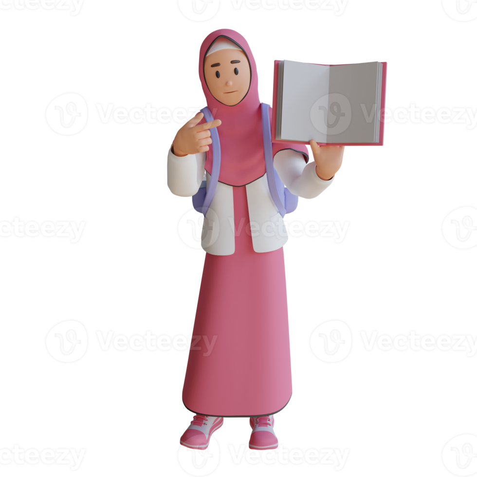 junge muslimische frau, die ein buch hält 3d-charakterillustration png