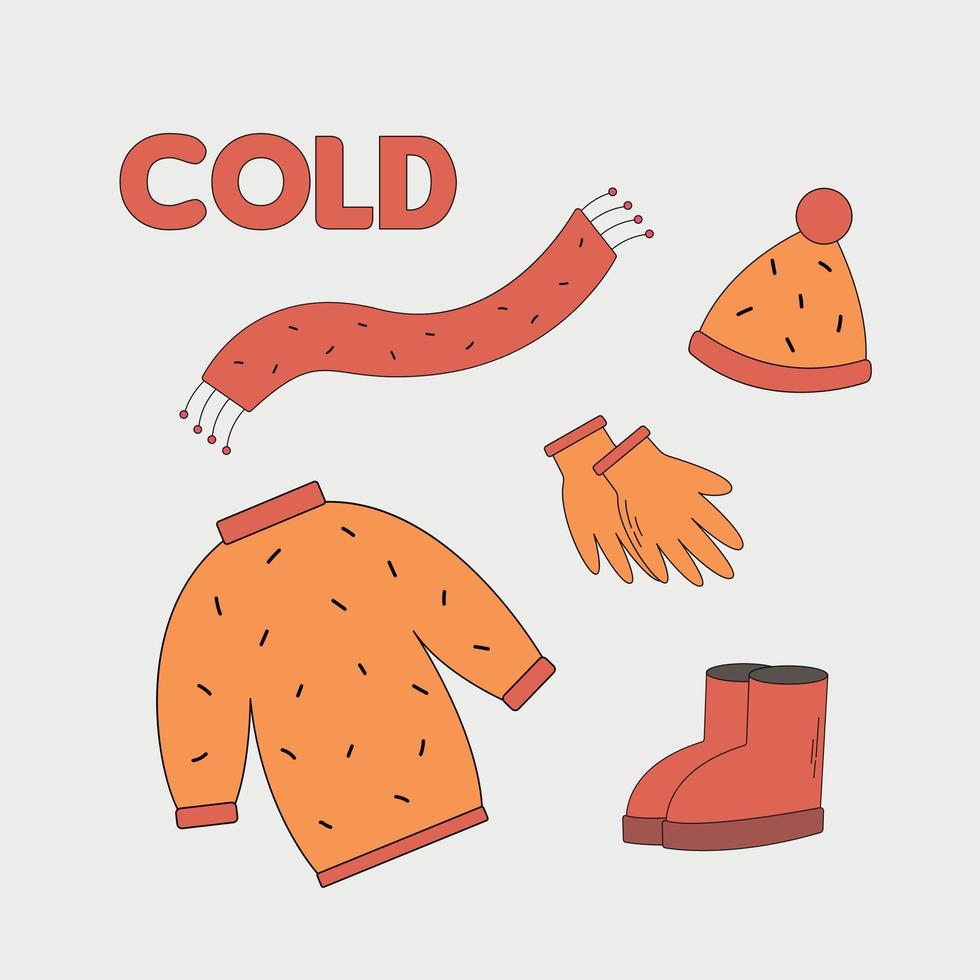 Winter and autumn clothes. Cold season clothes - knitted hat, scarf, gloves, boots, sweater. Vector flat illustration for cold season.