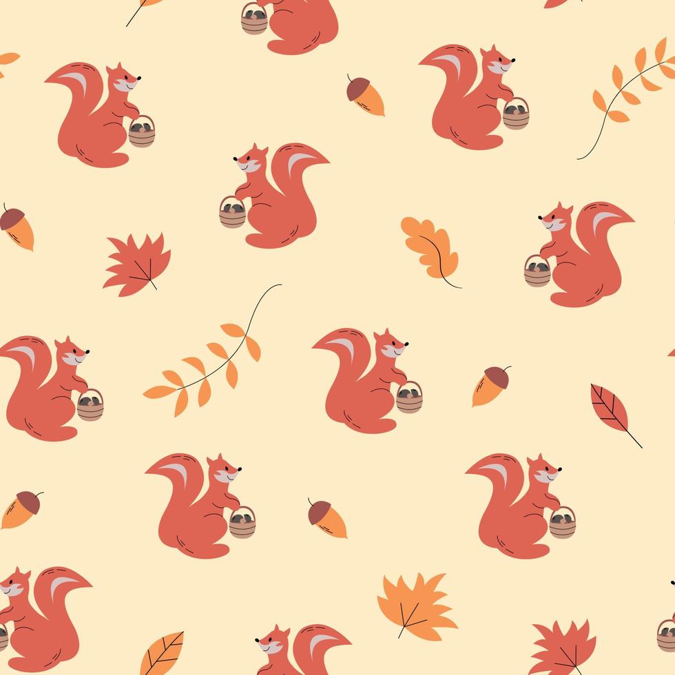 Cute cartoon little bright squirrel pattern. Vector squirrel pattern with mushrooms, leaves and acorns. Hello autumn vector illustration. Children bright background.