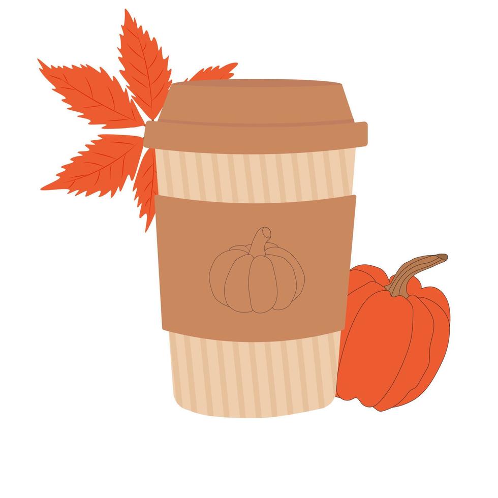 Vector flat illustration of a glass of pumpkin spice latte. A paper cup for coffee will suit modern