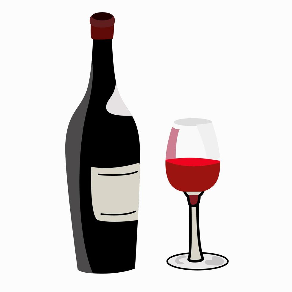 Wine black bottle and glass isolated on white background. Flat vector illustration