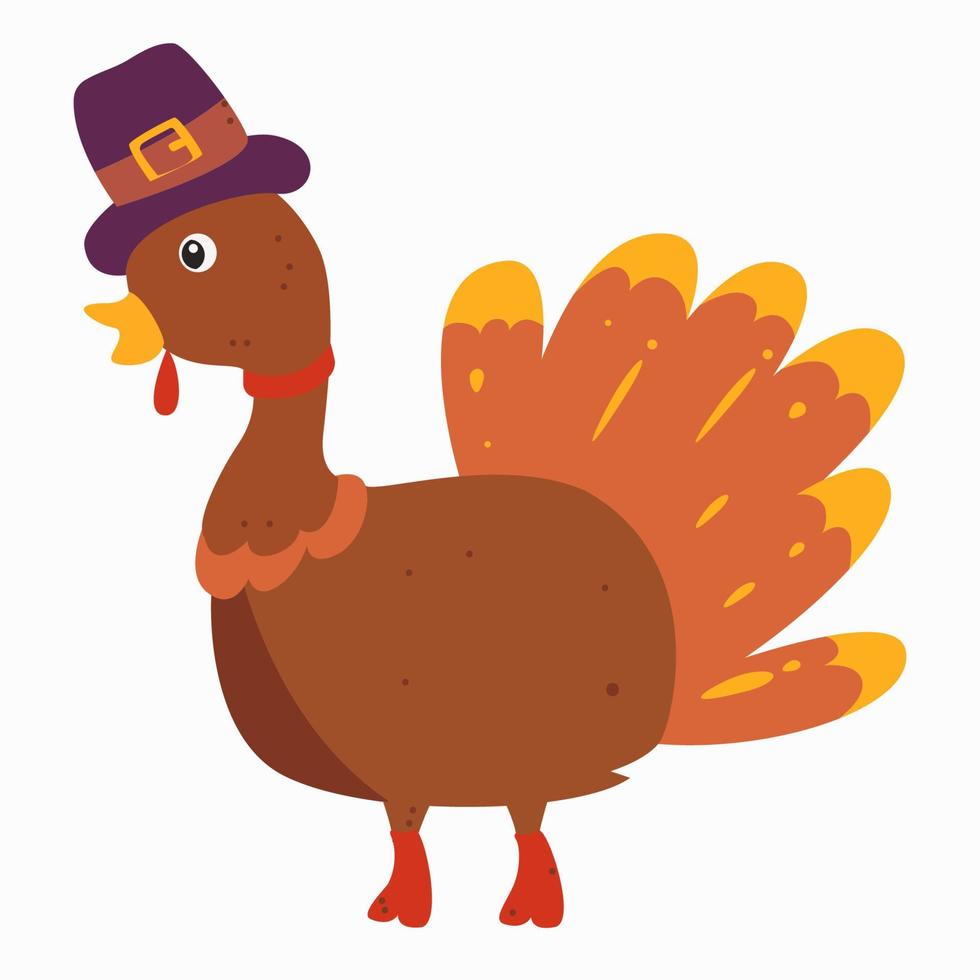 Vector illustration of a turkey in a hat for Thanksgiving.