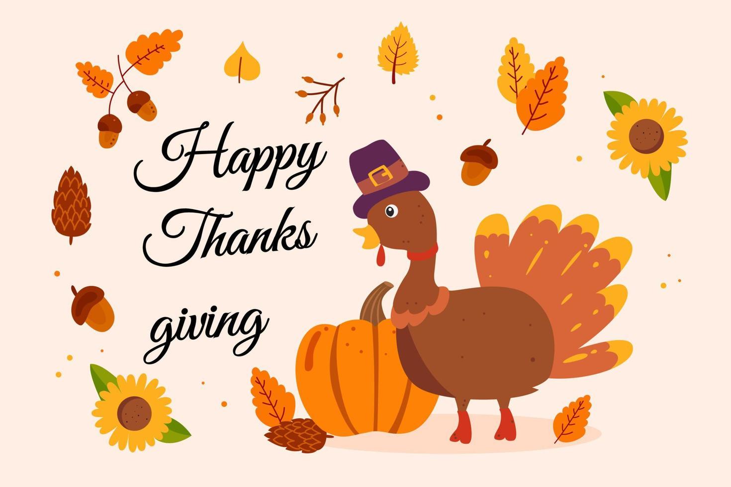 cute turkey with pumpkin, for Thanksgiving, for a greeting card with gratitude. vector illustration.