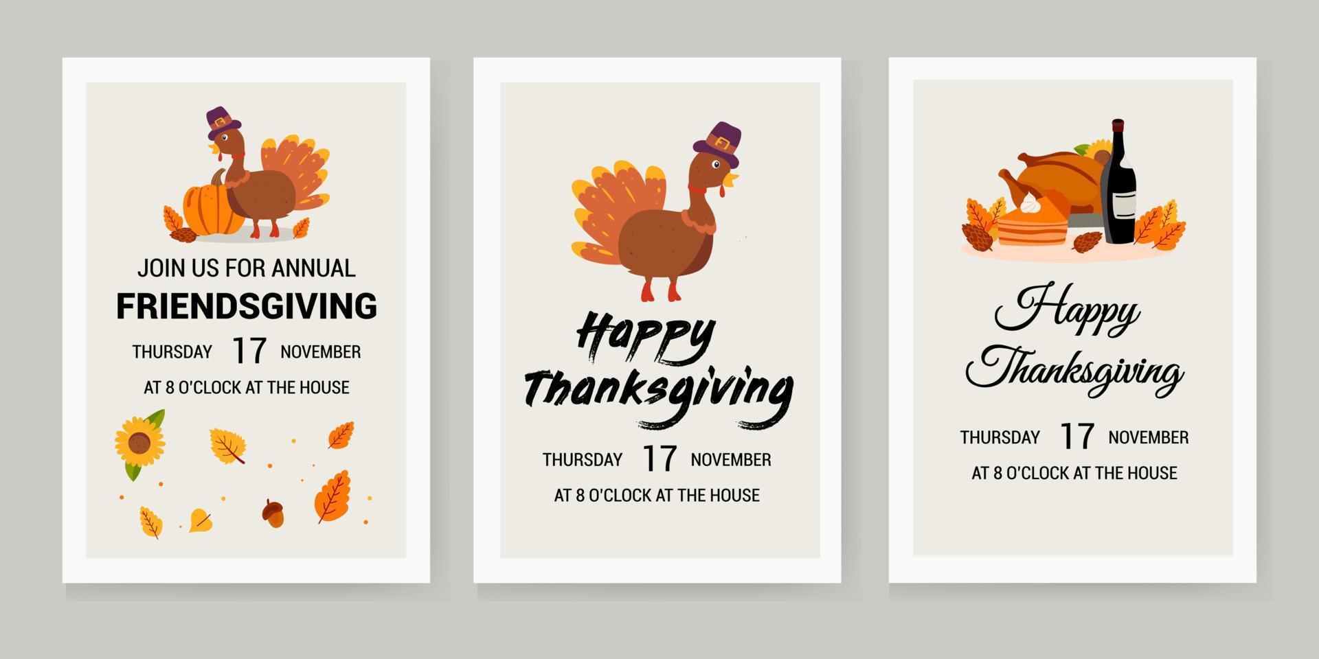 banners for Thanksgiving, with an illustration of a turkey and a festive pumpkin meal with wine vector