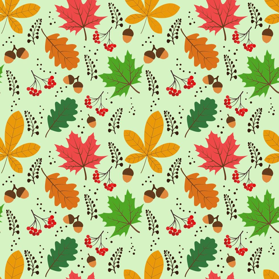 patrón vectorial sin fisuras con elementos otoñales, bellotas, varias hojas, elementos florales otoñales. textura brillante y repetitiva para la temporada de otoño. se utiliza para envolver papel, embalaje, papel tapiz, libros. vector