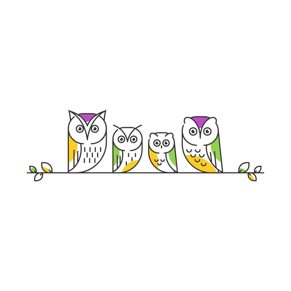 Owl family line art illustration. Mother, Father, brother and sister vector