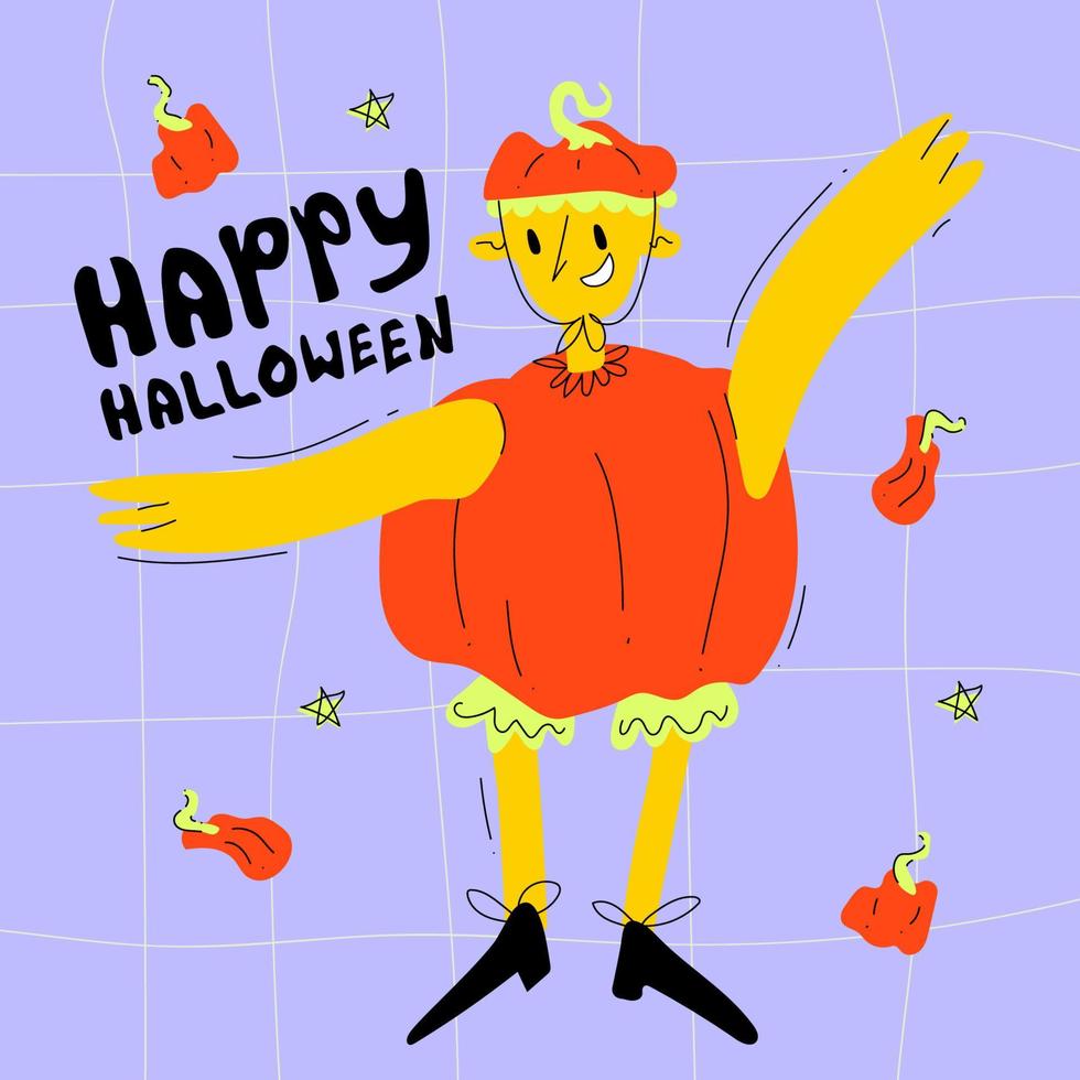 niño dibujado a mano en traje de calabaza para halloween vector