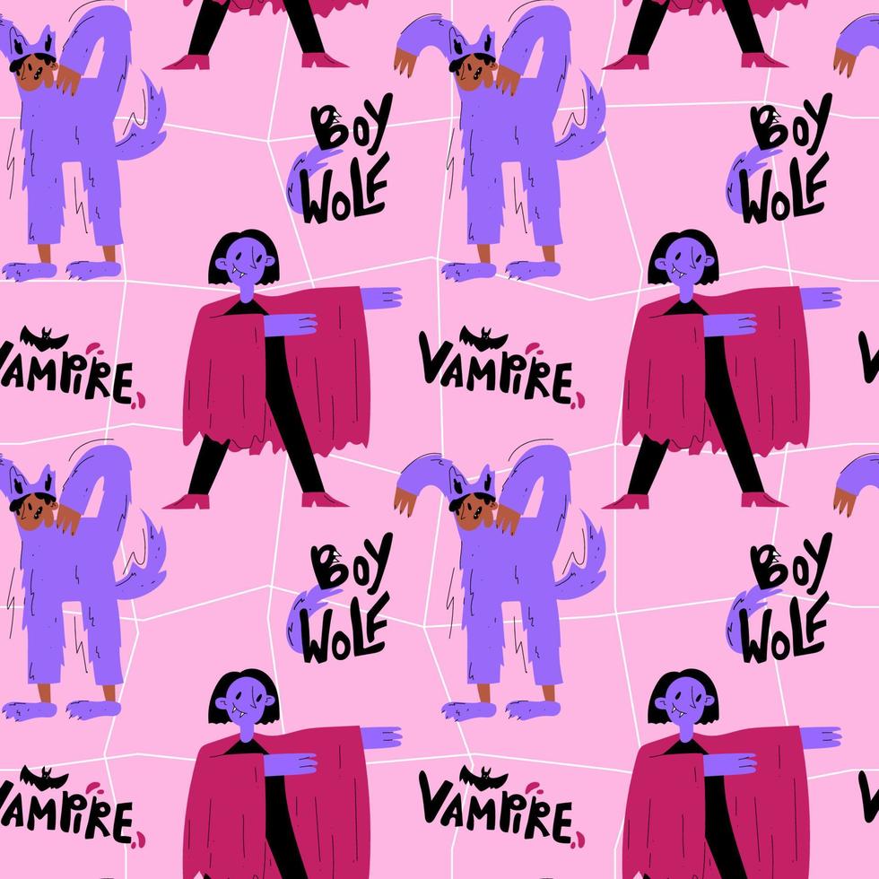 A cheerless pattern of boys in a vampire and wolf costume for Halloween vector