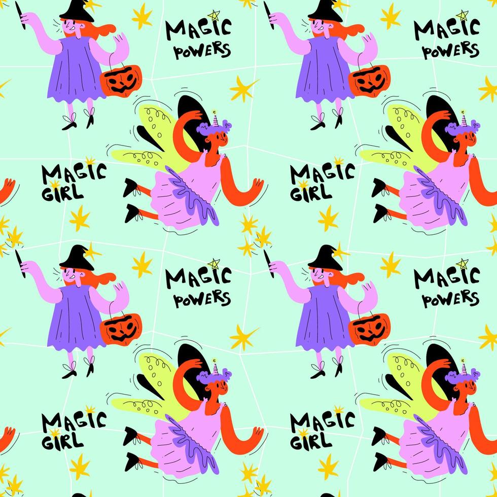 A cheerless pattern of girls in a witch and fairy costume for Halloween vector