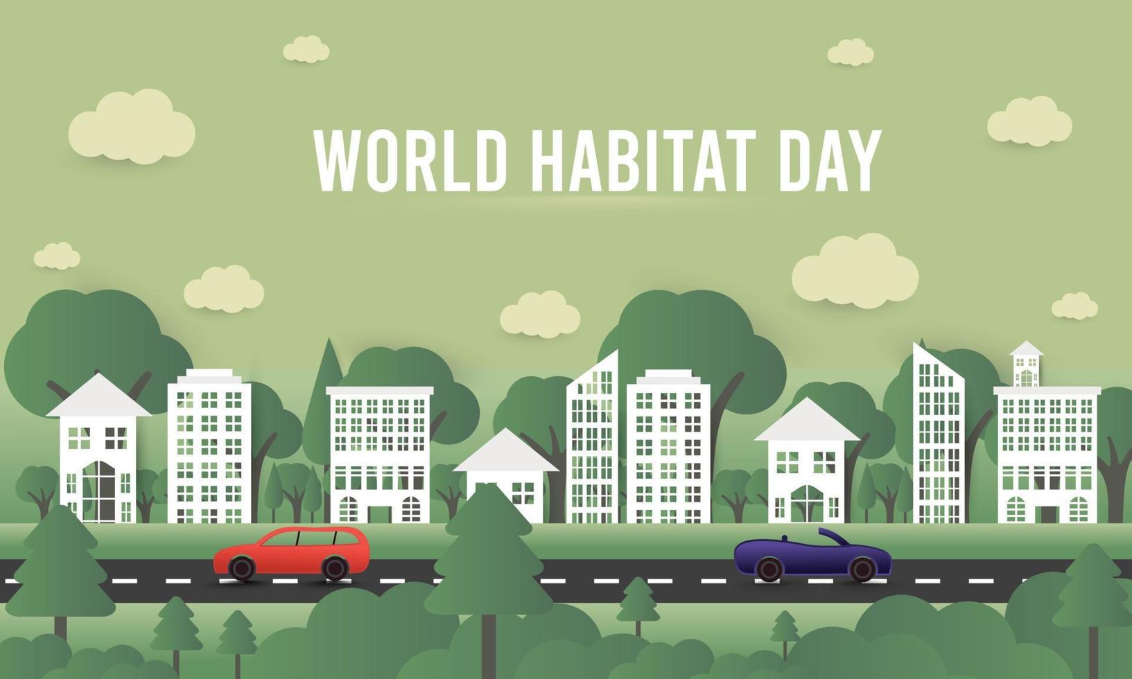 World habitat day flat design background with the clean city, natural tree vector