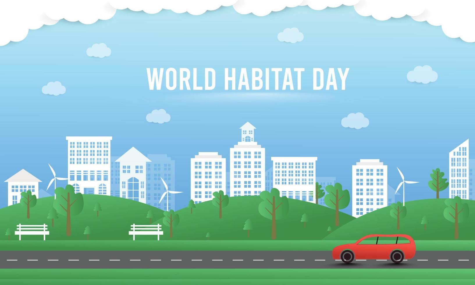 World habitat day flat design background with the clean city, natural tree vector