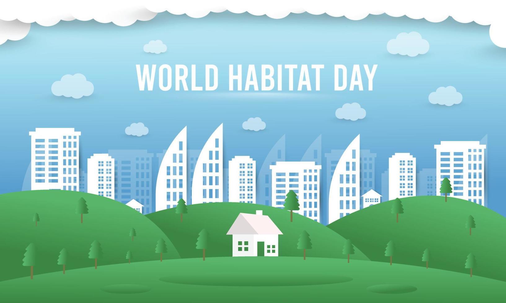 World habitat day flat design background with the clean city, natural tree vector