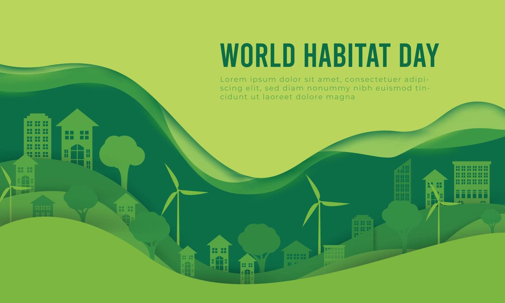 World habitat day flat design background with the clean city, natural tree vector