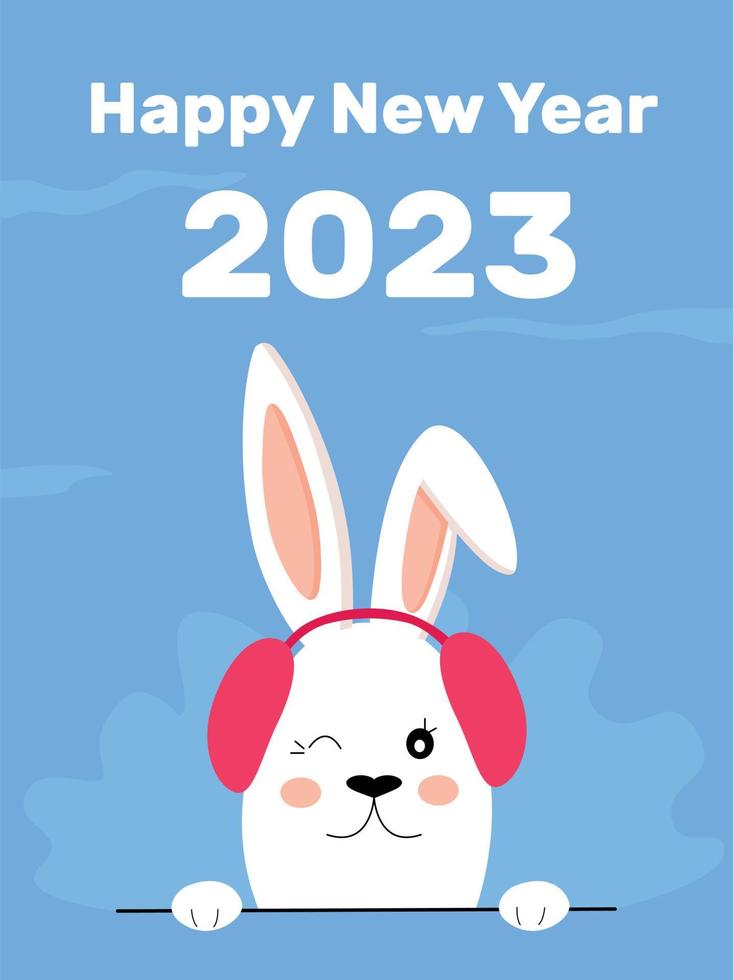 Chinese New Year 2023, year of the rabbit. Toy cute rabbit with hat with headphones against the background of snowflakes. Merry Christmas. New Year holidays vector