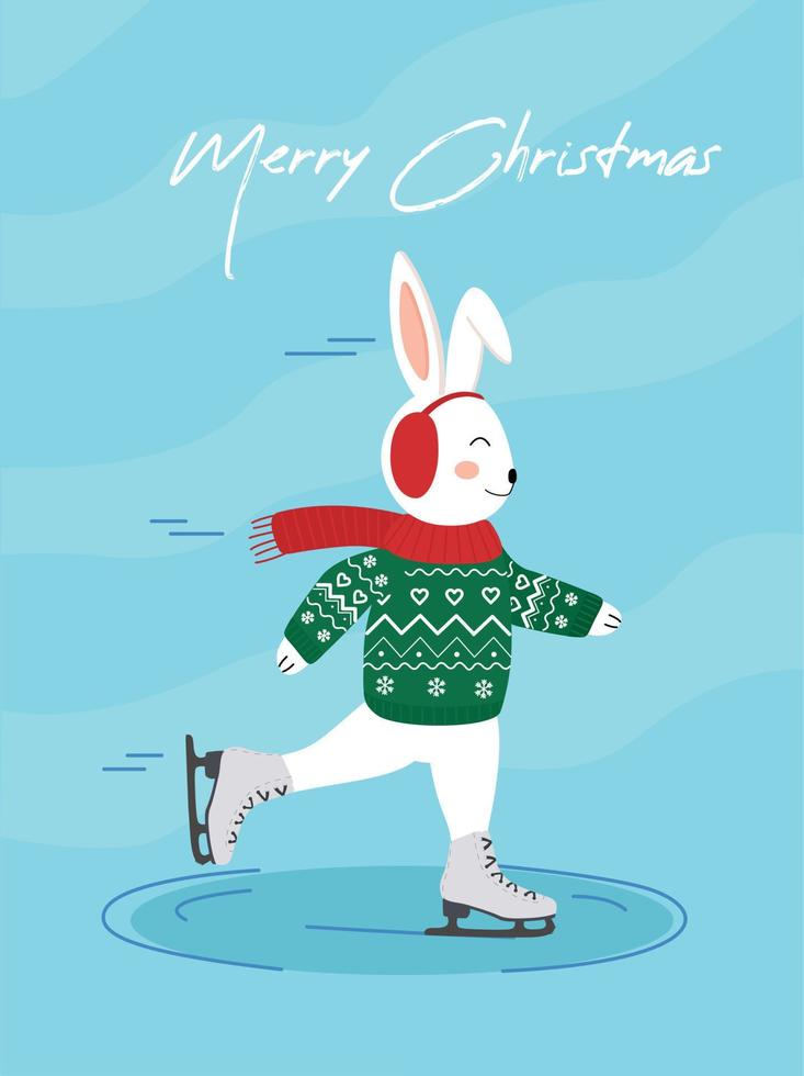 Chinese New Year 2023, year of the rabbit. a cute rabbit in a New Year's sweater and a hat with headphones against the background of snowflakes is skating on the lake. Figure skating. Merry Christmas. vector