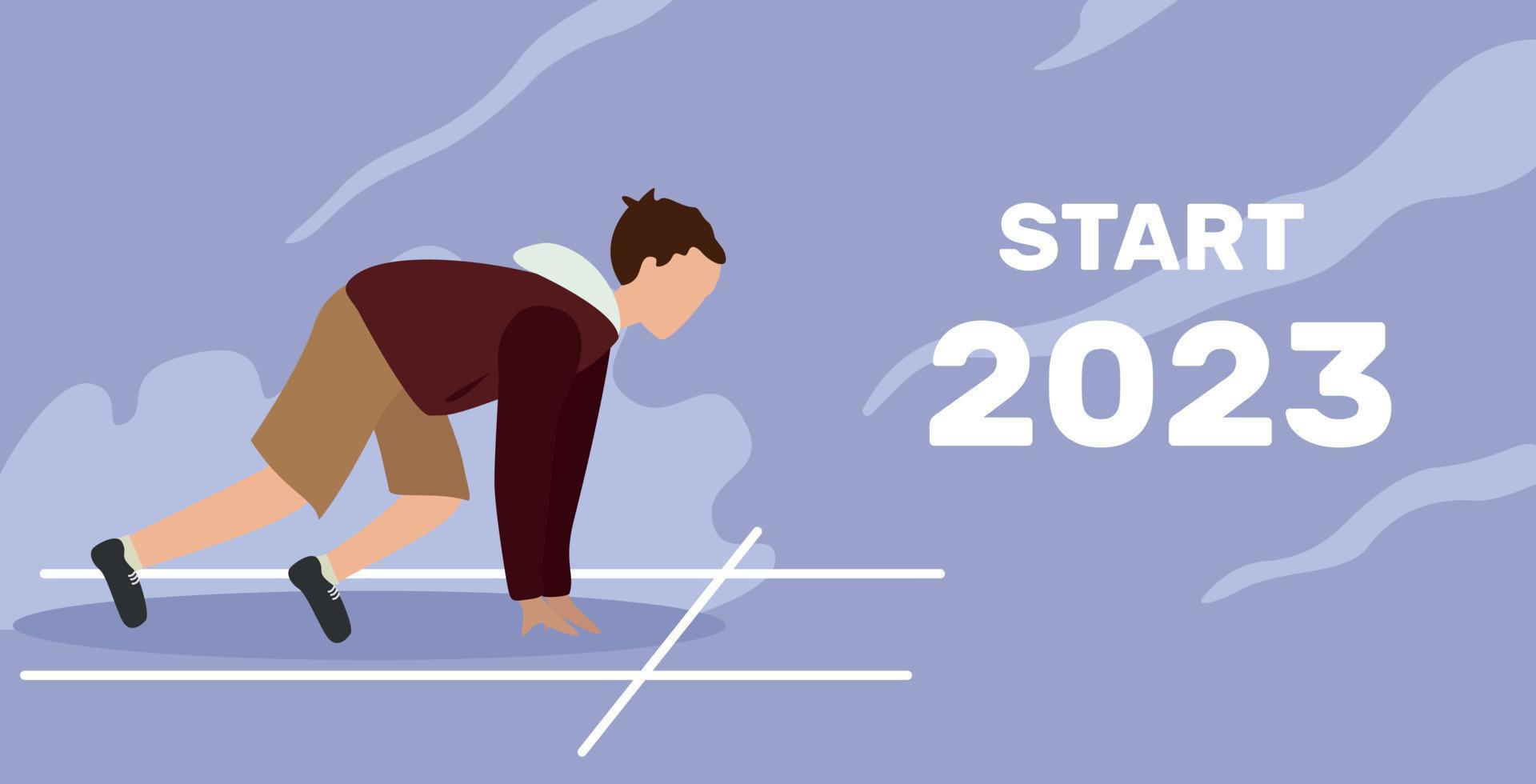 Chinese New Year 2023, year of the rabbit. Treadmill. Start, the beginning of a new year. Landscape. Sport. Ready to go. The guy got ready to run. Ready set Go vector