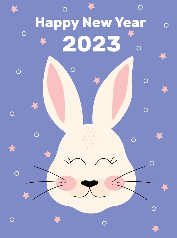 Chinese New Year 2023, year of the rabbit. Zodiac sign. Cute pink bunny toy on the blue background vector