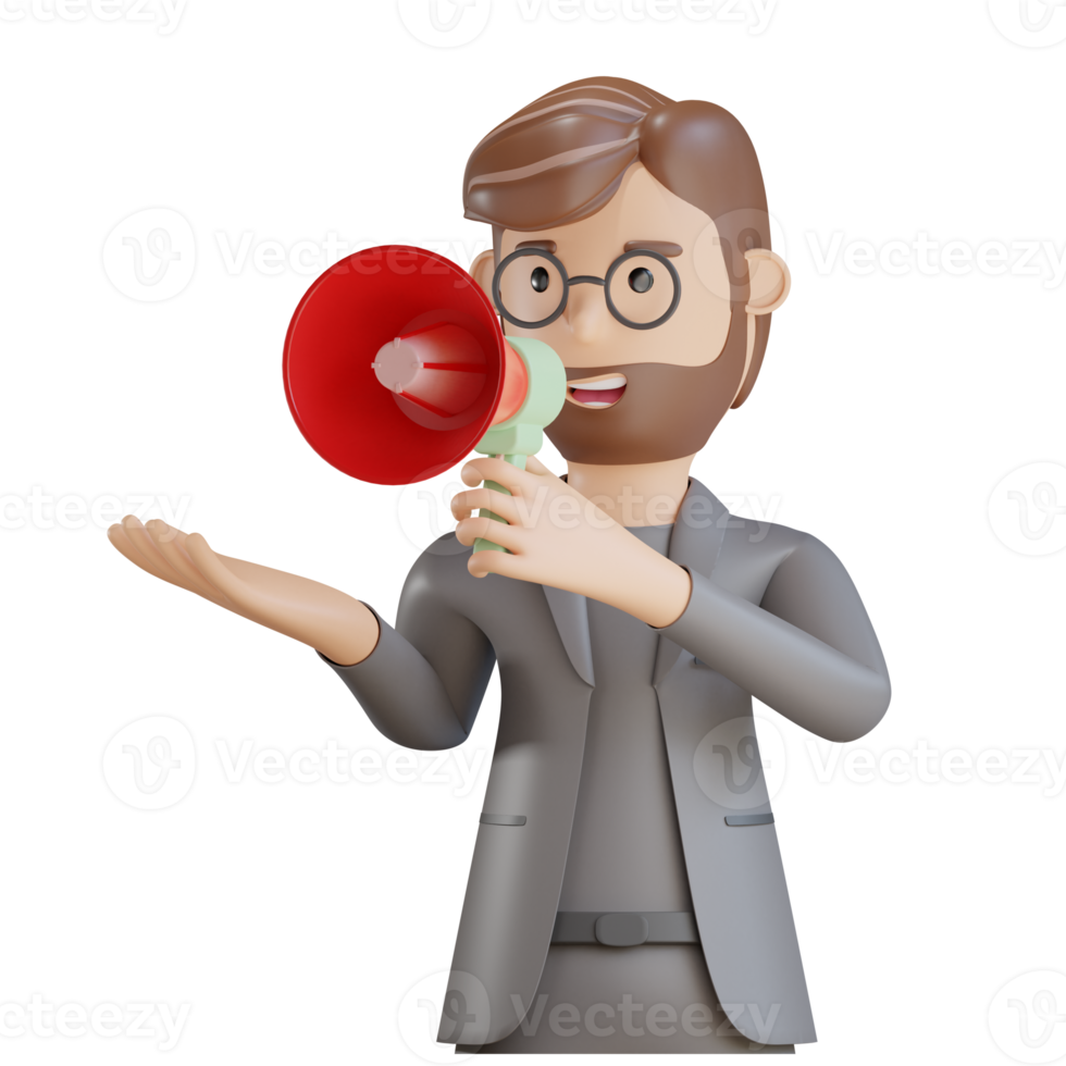 3d businessman character using megaphone png