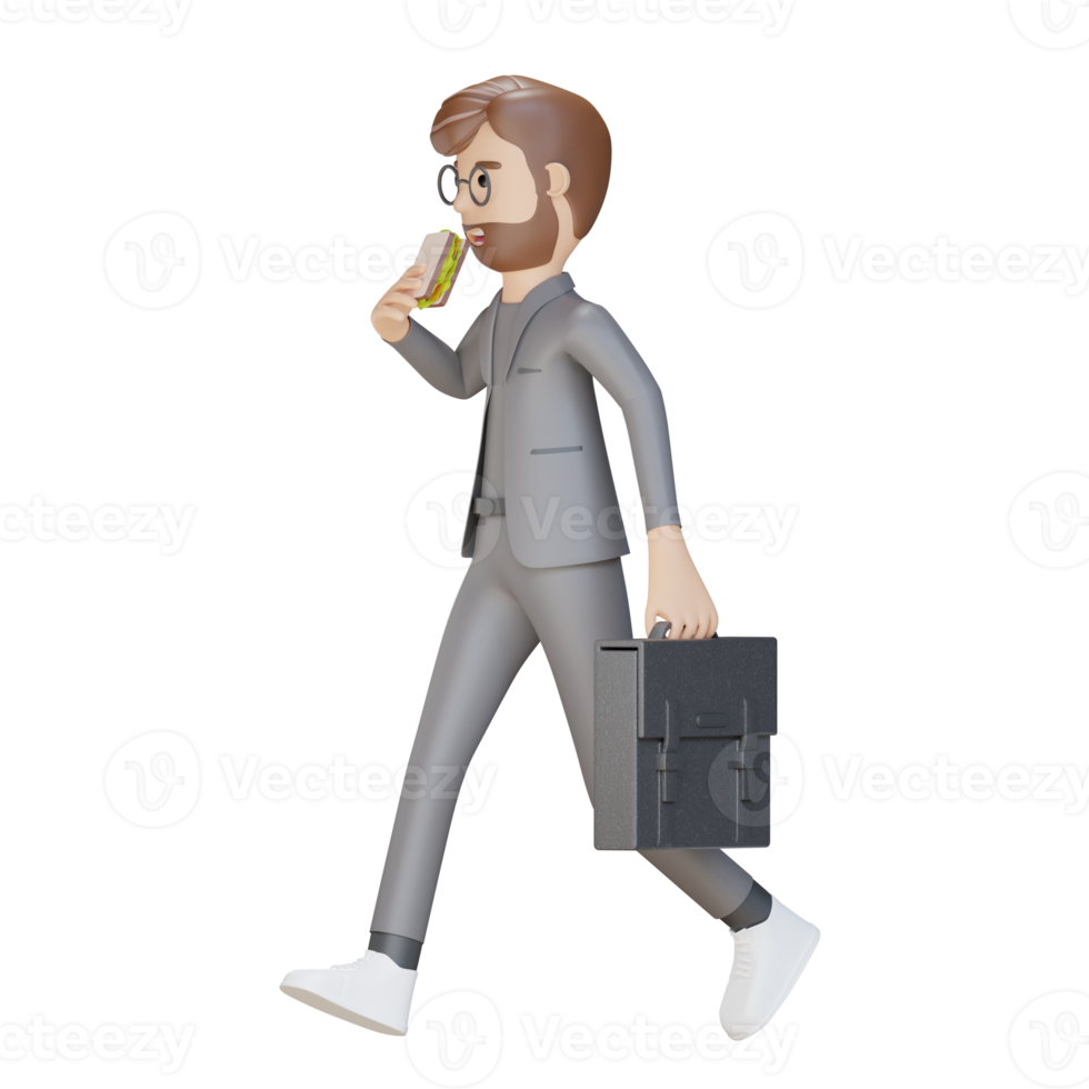 Personaje de hombre de negocios 3d caminando mientras come png