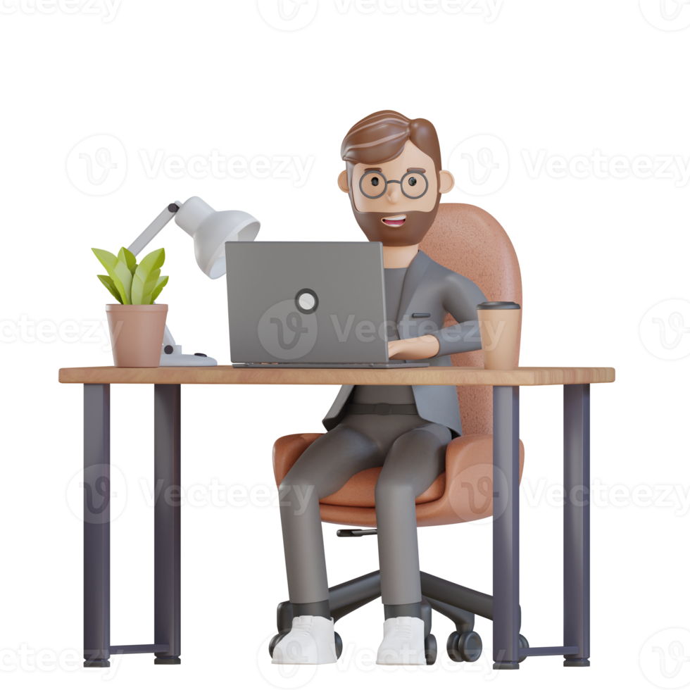 3d businessman character working with laptop png