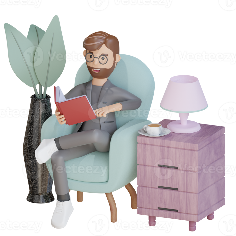 3d businessman character reading a book png