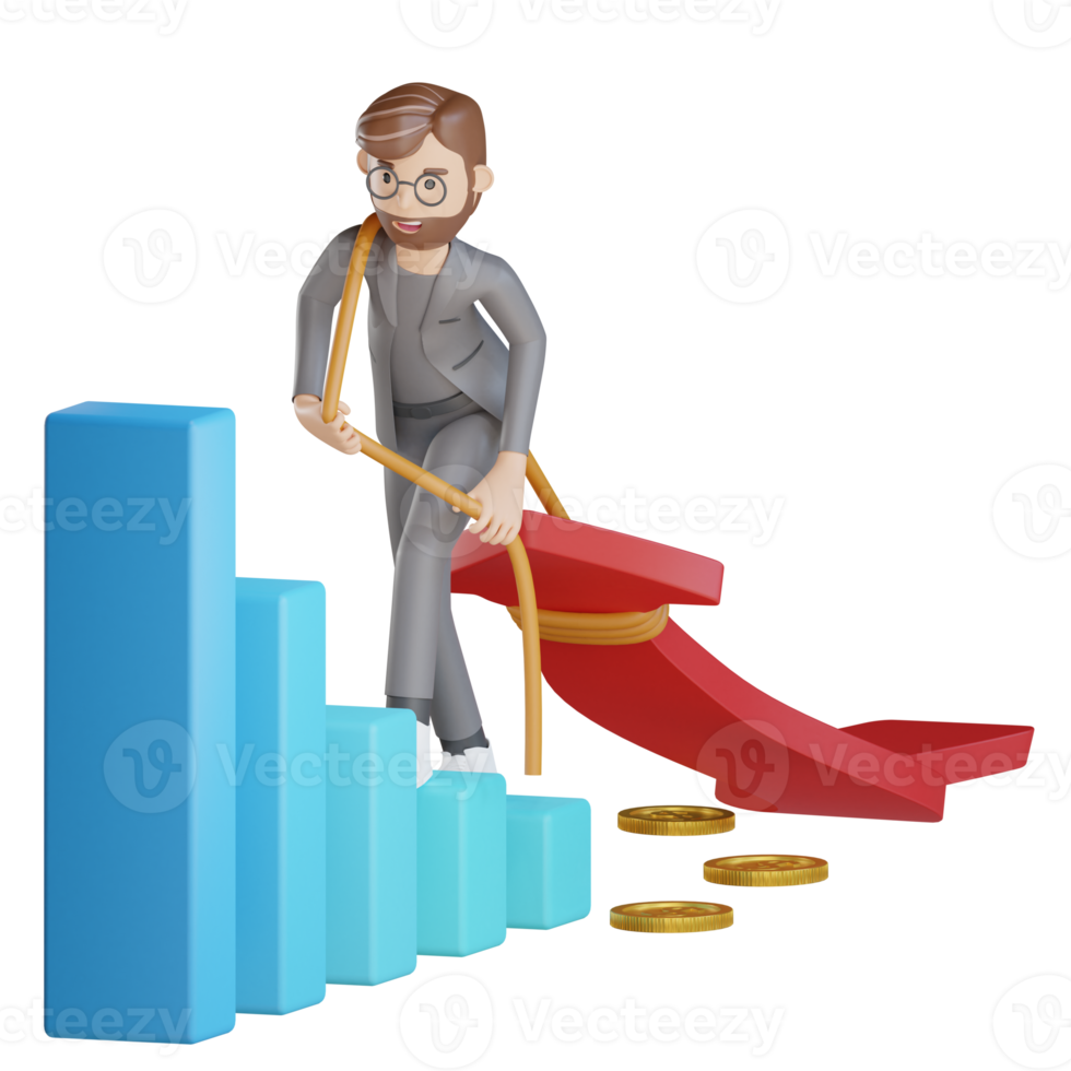 personagem de empresário 3d arrastando finanças png