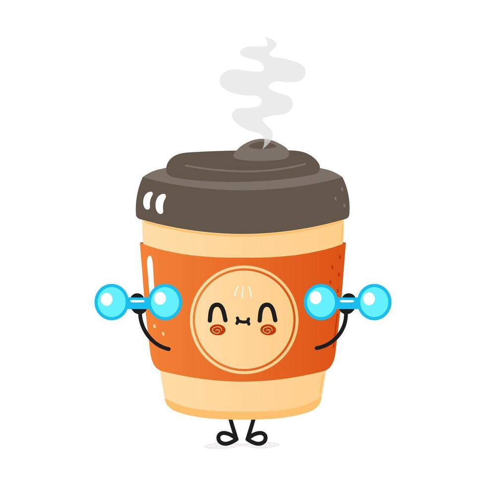 Cute funny cup of coffee character with dumbbells. Vector hand drawn cartoon kawaii character illustration icon. Isolated on white background. Cup of coffee character gym concept