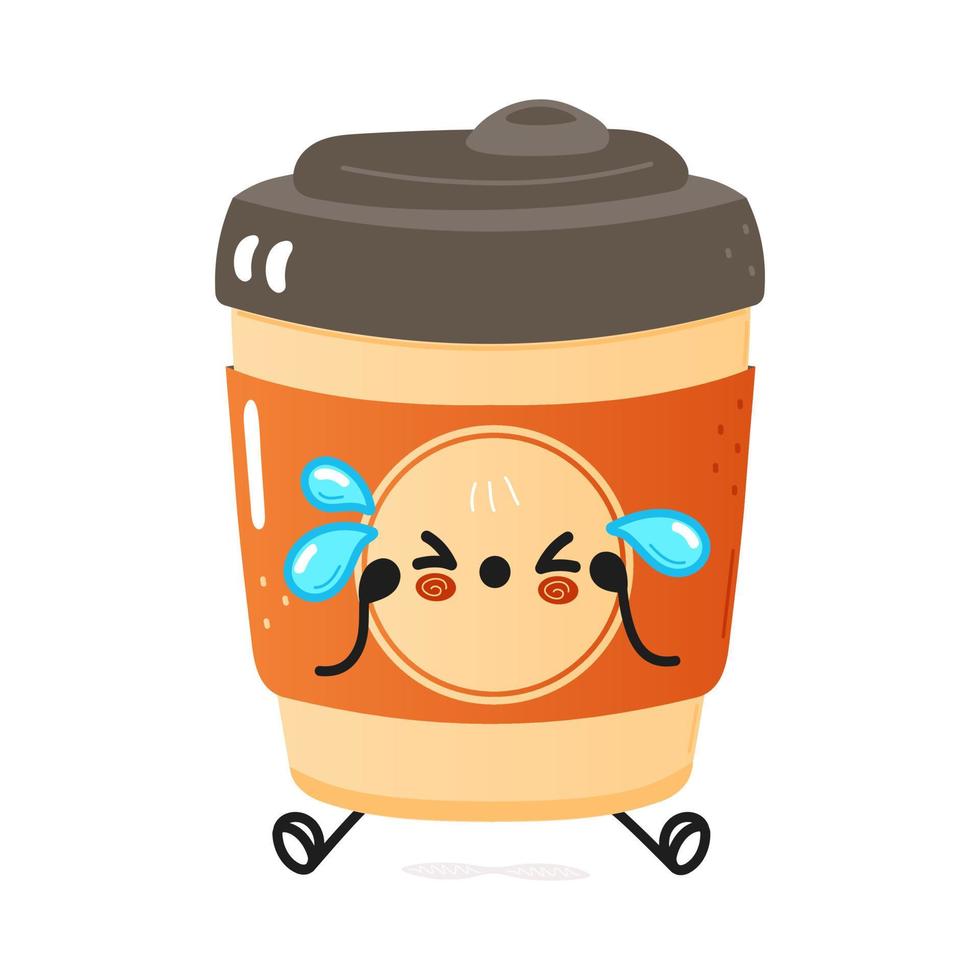 Linda taza triste de personaje de café. icono de ilustración de personaje kawaii de dibujos animados dibujados a mano vectorial. aislado sobre fondo blanco. triste taza de café concepto de personaje vector