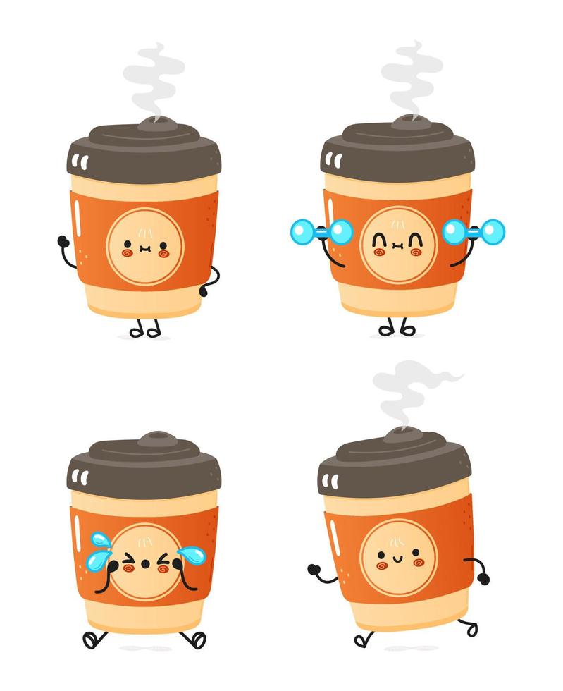 Funny cute happy cup of coffee characters bundle set. Vector hand drawn doodle style cartoon character illustration icon design. Cute cup of coffee mascot character collection