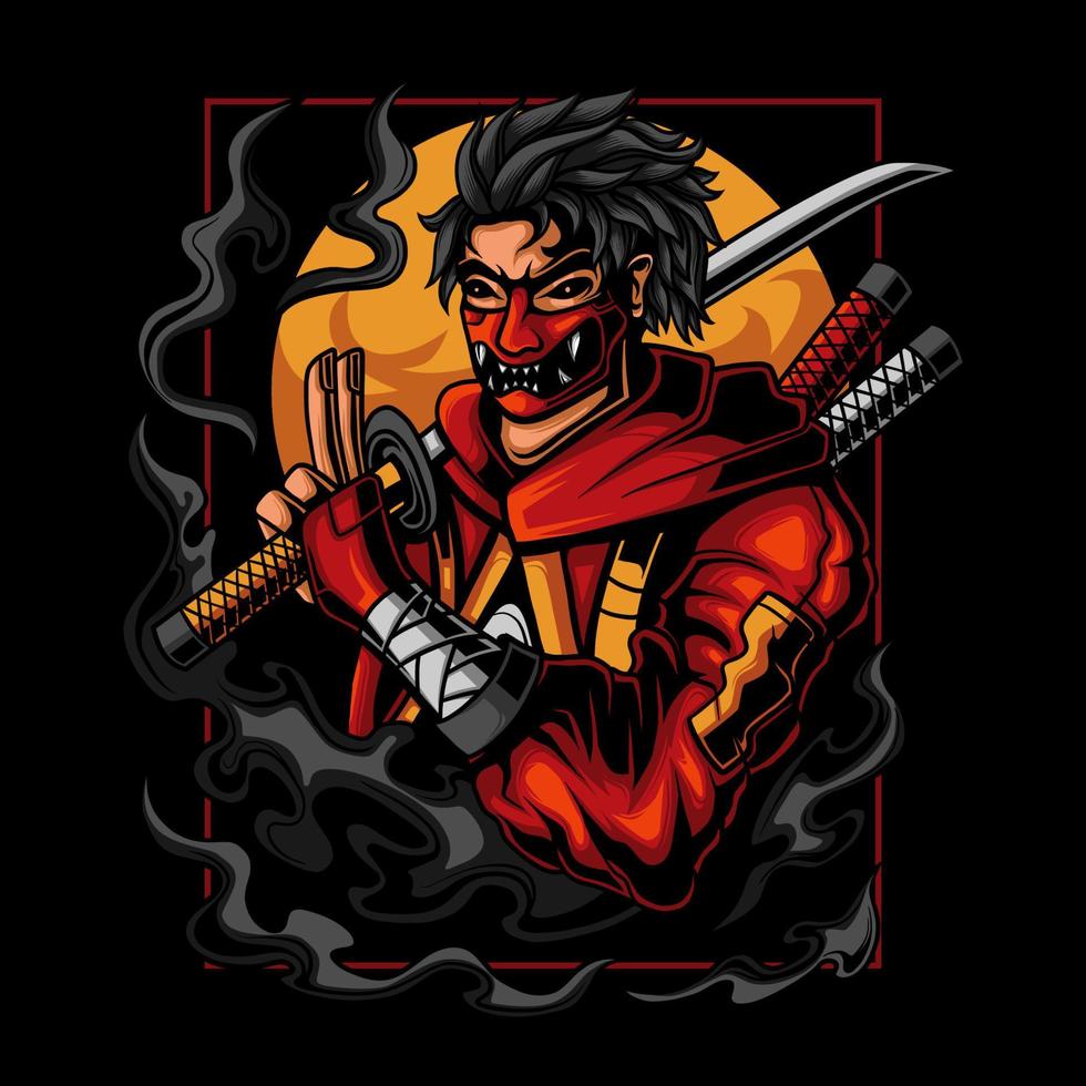 ilustración de un ninja con una máscara oni sosteniendo una katana sobre un fondo lunar vector