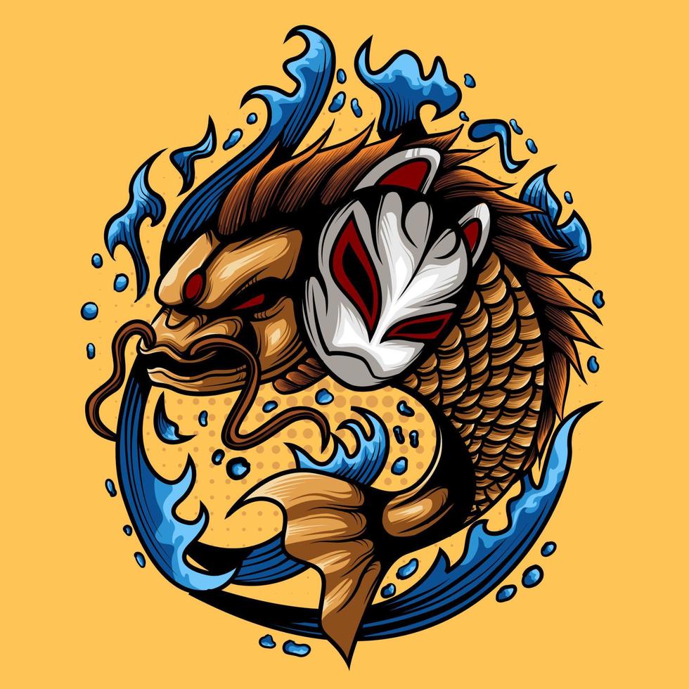 japanese koi fish illustration with kitsune mask combination and water element vector