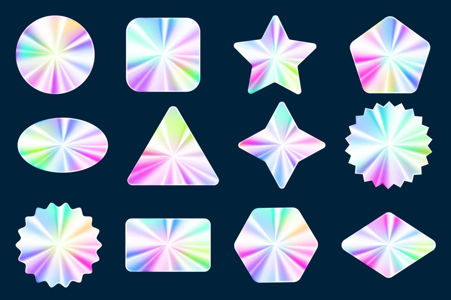 Holographic stickers set. Silver label gradient stamps. Metal texture badges. Iridescent rainbow foil in different geometric shapes. Vector neon emblems.