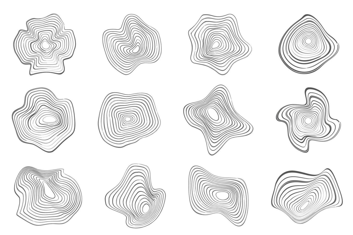 Wooden tree rings. Abstract topography circles. Organic texture shapes. Vector outline illustrations set.