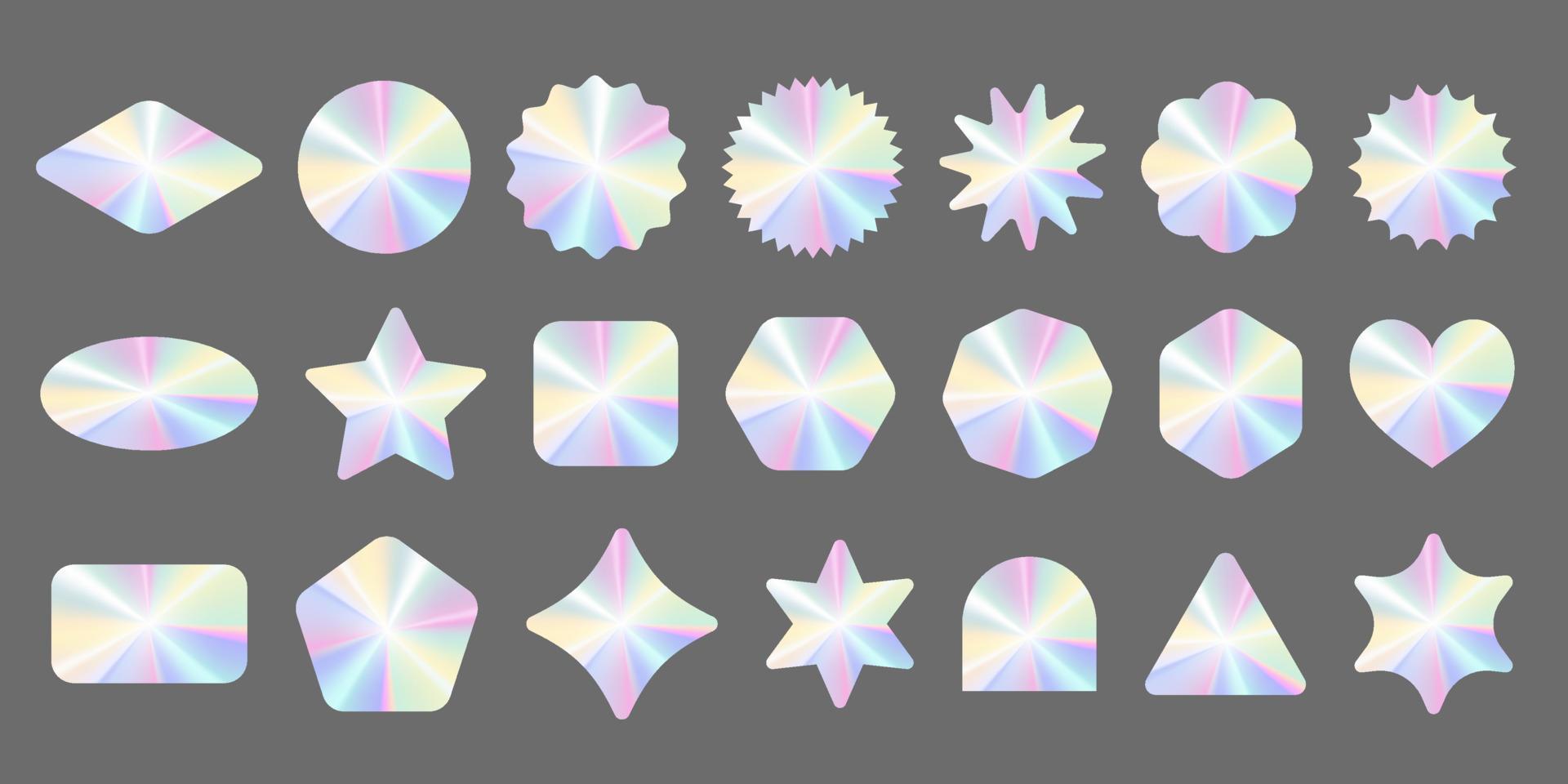 Holographic stickers set. Silver label gradient stamps. Metal texture badges. Iridescent rainbow foil in different geometric shapes. Vector neon emblems.