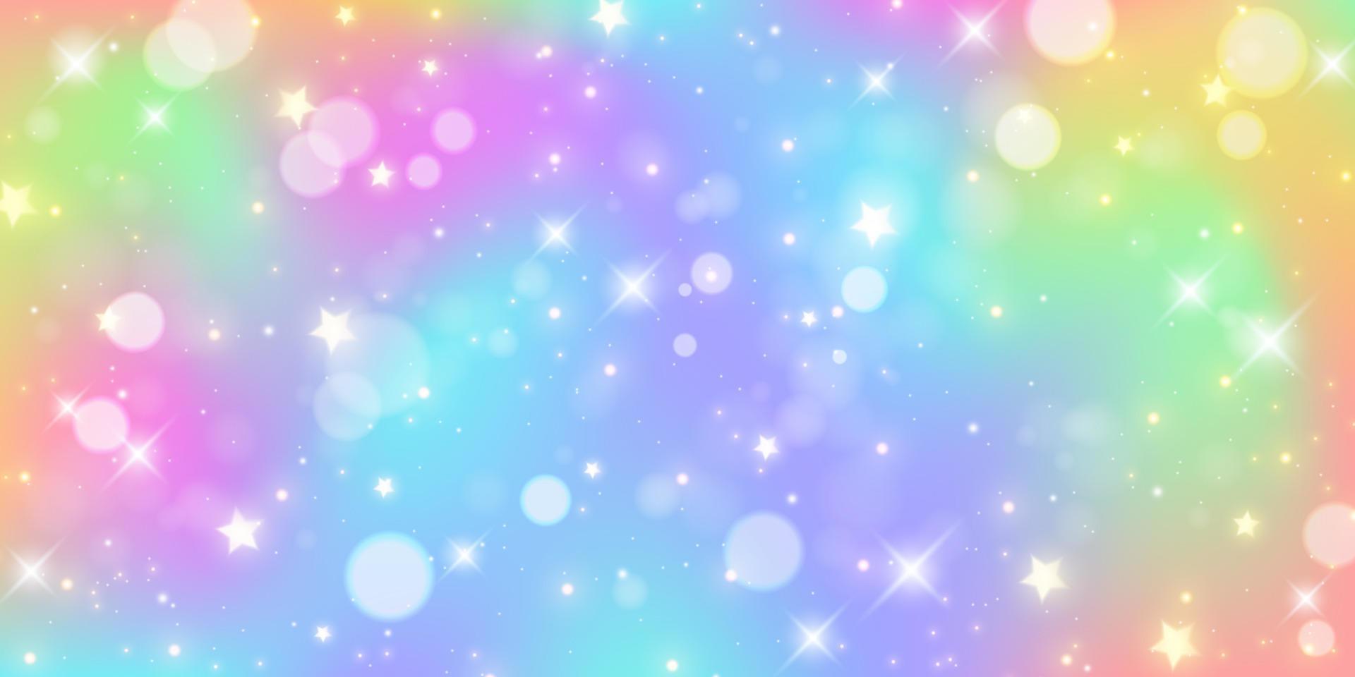 Rainbow background. Pastel color abstract pattern with bokeh and stars. Unicorn fantasy sky with glitter. Vector