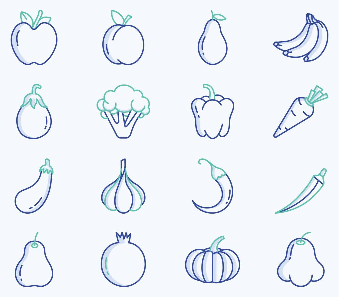 conjunto de iconos de frutas y verduras, vector vegano