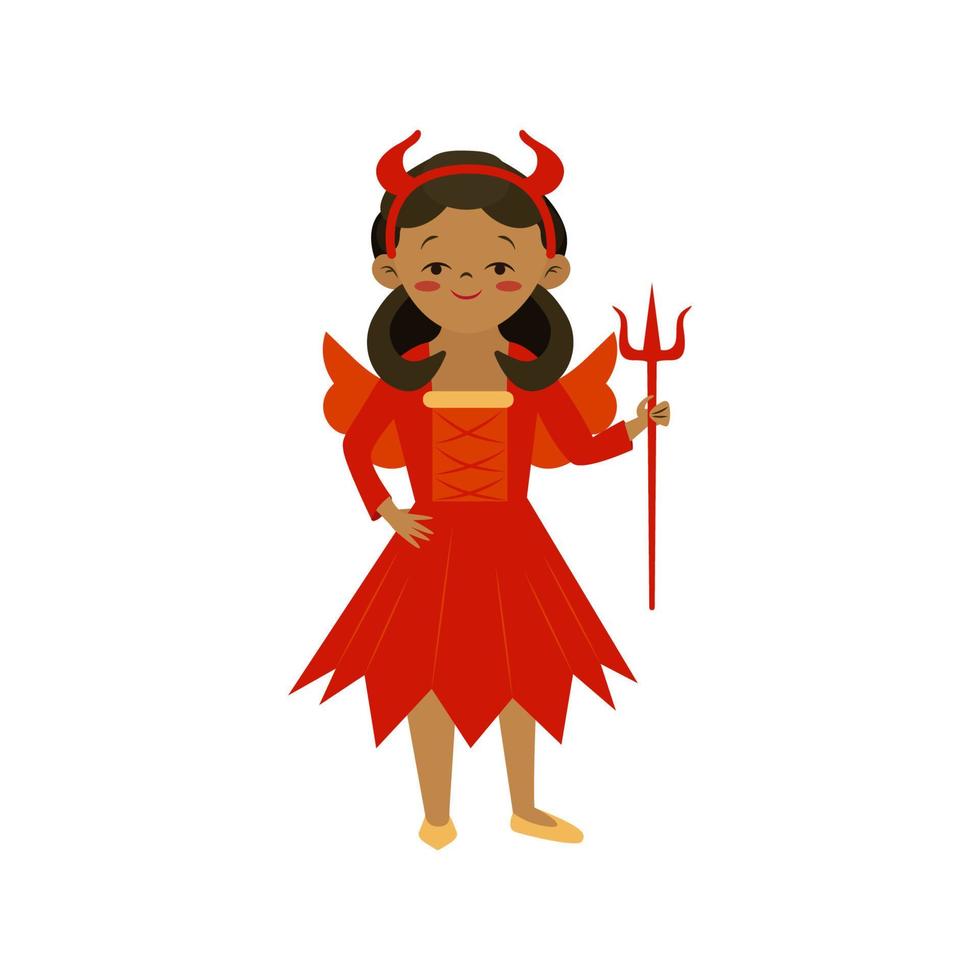 vector de dibujos animados halloween diablo chica negra en traje divertido. niña demonio plana vestida de rojo con cuernos y tridente para truco o trato