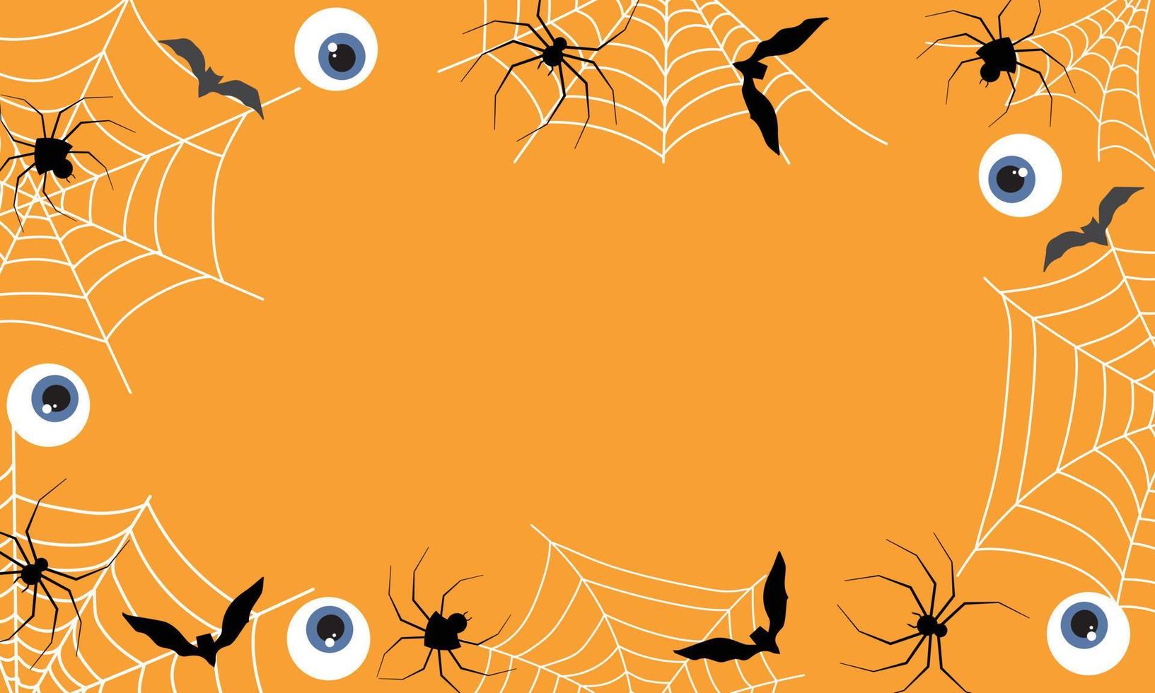 Halloween background with copy space. Orange background with bat, spider, net, eye. Vector illustration.