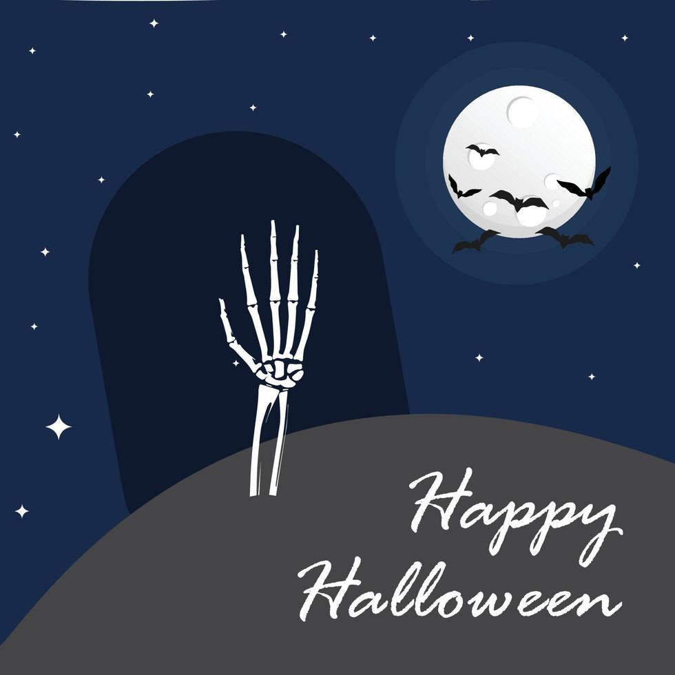 Happy Halloween card with bone hand skeleton. Vector illustration with moon and bat