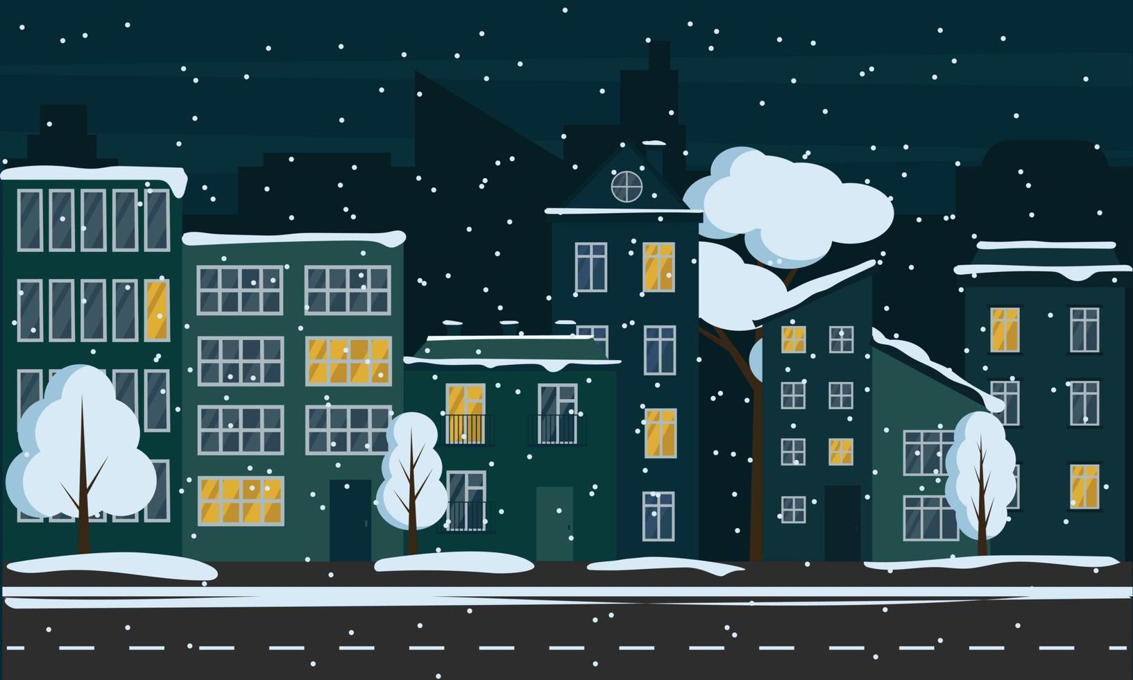 Winter street background with snow in night. Chrismas house in snow vector illustarion