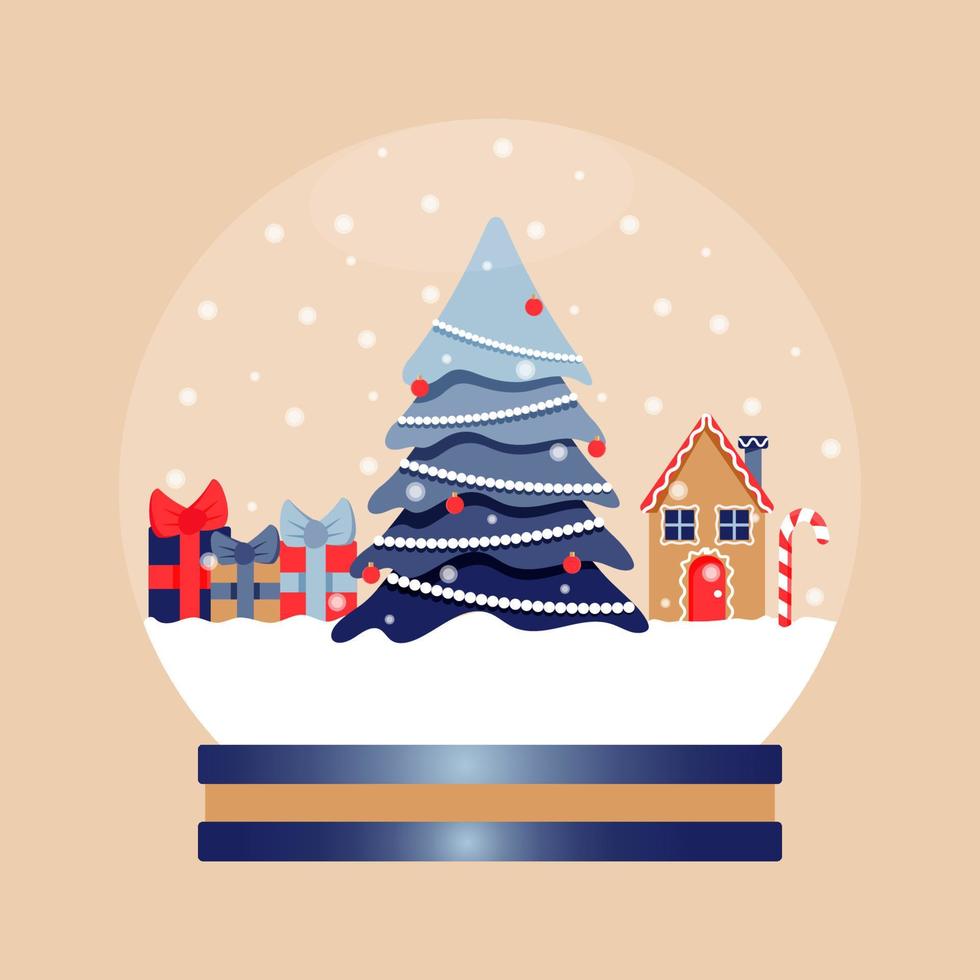 Snow globe with Christmas tree, ginger bread house, candy and presents. Glass snow ball, vector. vector