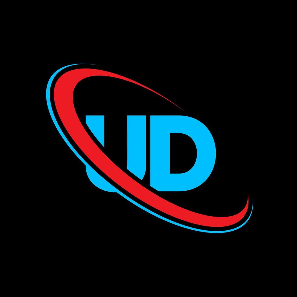 UD logo. UD design. Blue and red UD letter. UD letter logo design. Initial letter UD linked circle uppercase monogram logo. vector