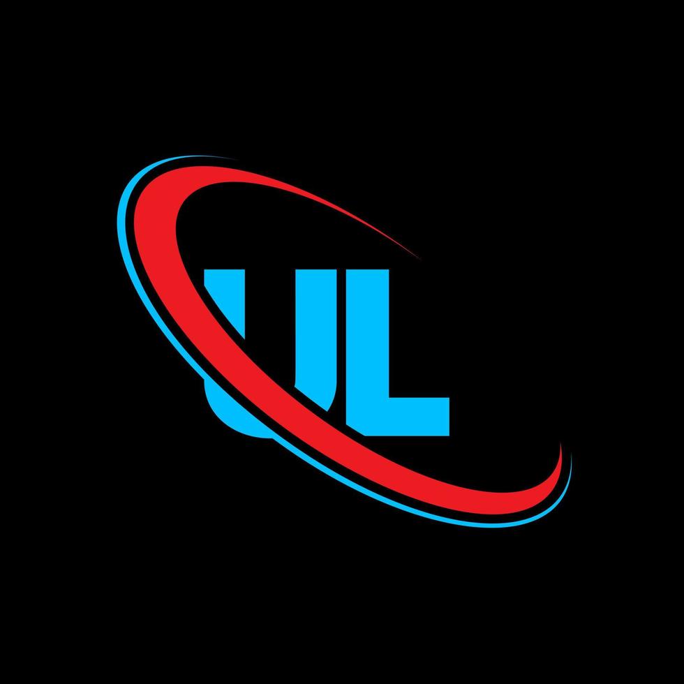 UL logo. UL design. Blue and red UL letter. UL letter logo design. Initial letter UL linked circle uppercase monogram logo. vector