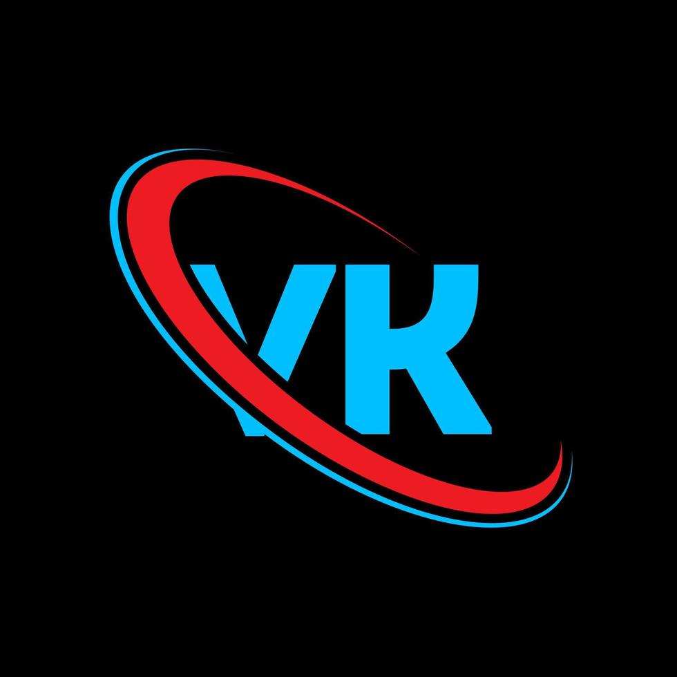 logotipo vk. diseño vk. letra vk azul y roja. diseño del logotipo de la letra vk. letra inicial vk círculo vinculado logotipo de monograma en mayúsculas. vector