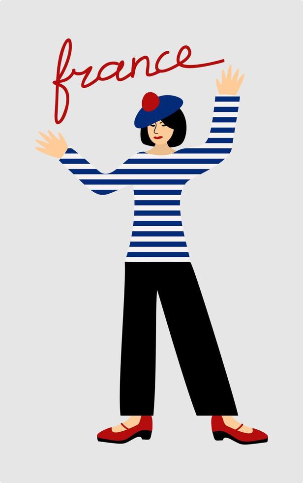 Mime. French girl in beret with pompom, striped top and black flared trousers. vector